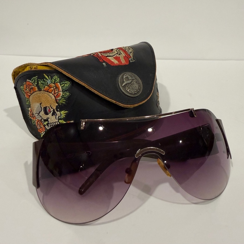 Ed Hardy Dark Purple Sunglasses with Embroidered Skull Case